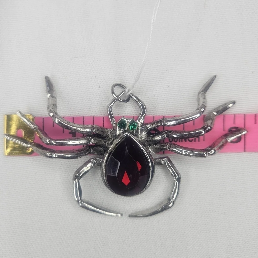Ruby Red Rhinestone Abdomen Silver Tone Spider Pendant 3" EUC Large - Picture 6 of 7